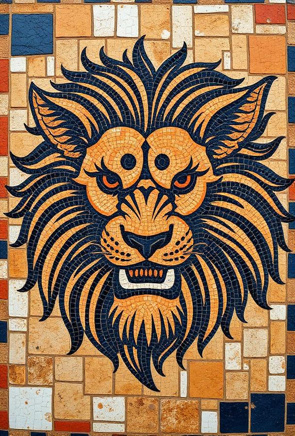Suit of Animals — Stylized lion and wolf in ancient Greek mosaic